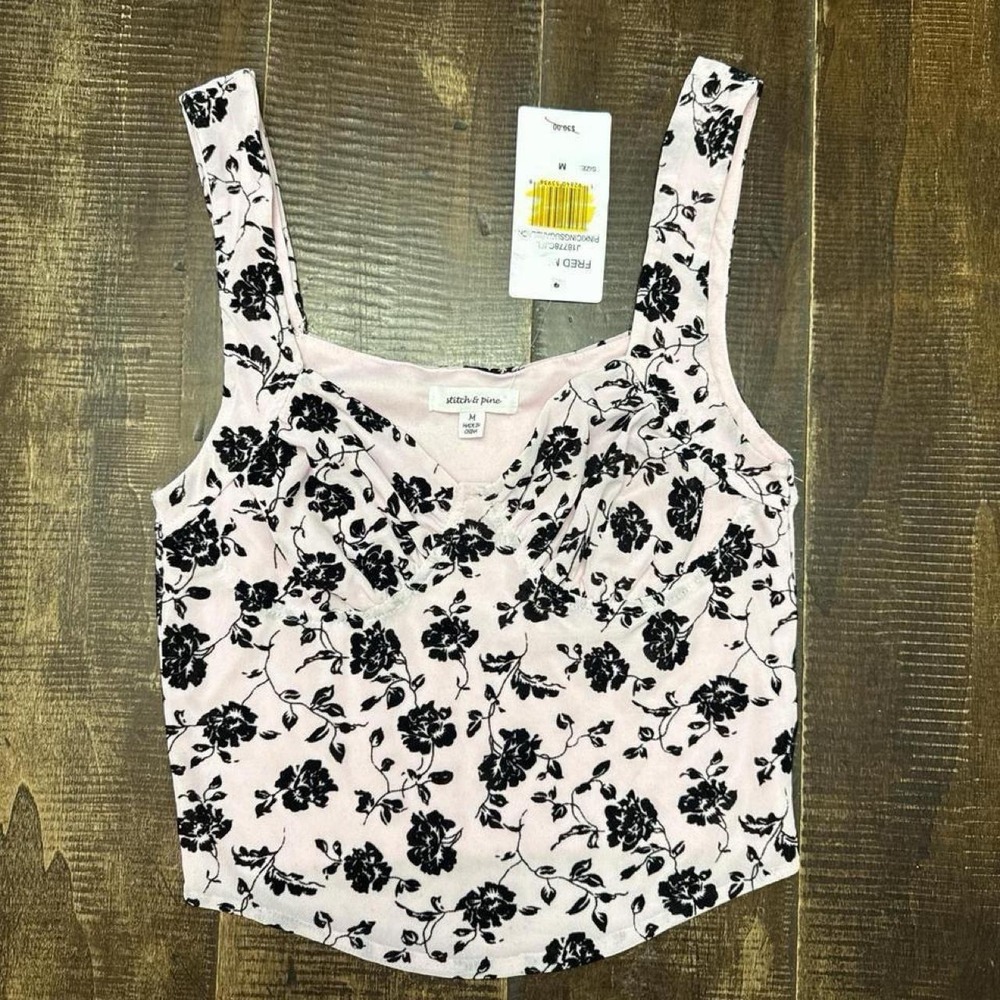 Stitch & Pine Pink Tank Top with Black Velvet Floral Accents